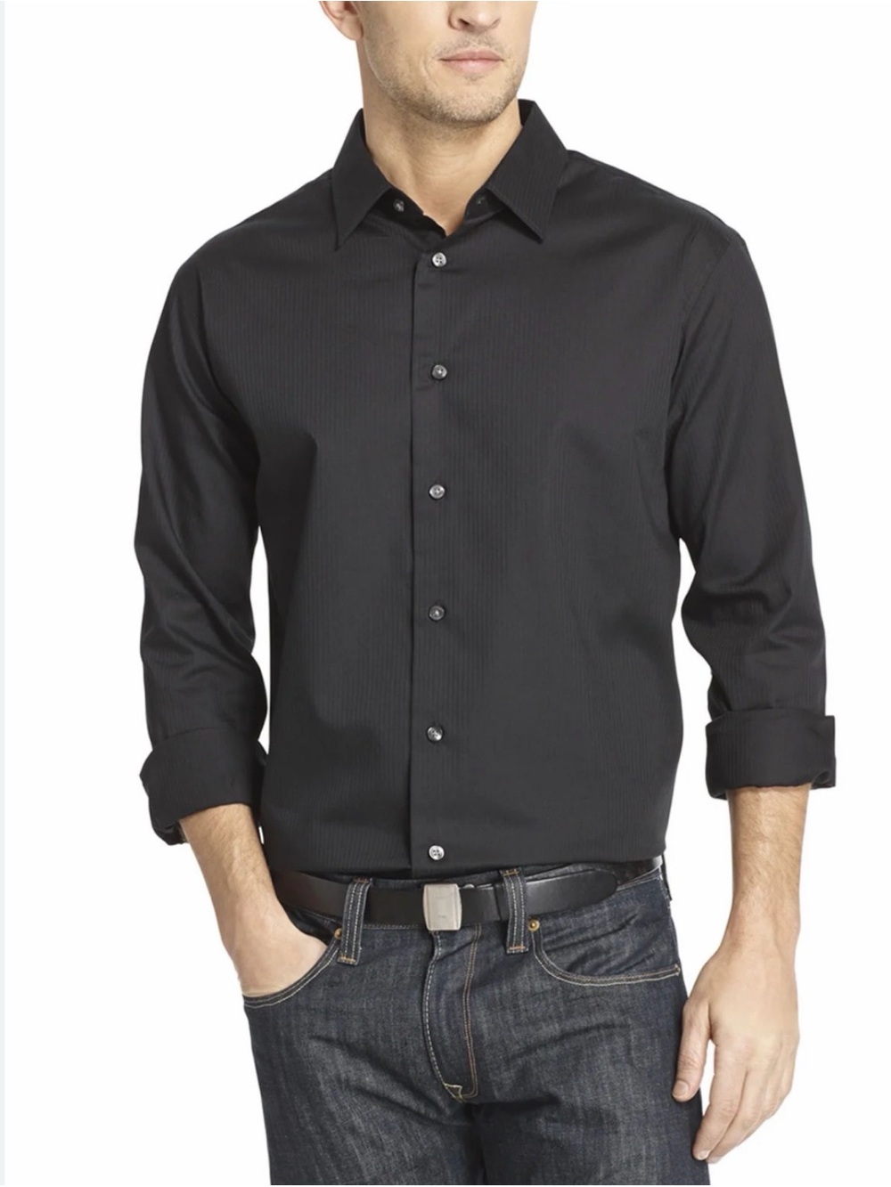 Van Heusen Sateen Stripe Black Dress Shirt Men's Medium NWT 15 1/2